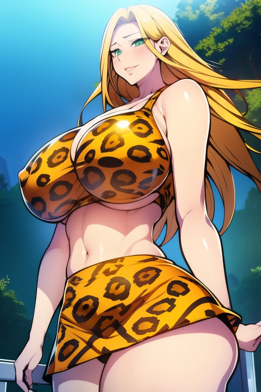 An anime-style artwork depicting Kousaka Shizuru from the game Honkai star rail.
Tags: Kousaka Shizuru, anime, detailed eyes, detailed lips, ass, bare shoulders, (blonde hair:1.4), (leopard crop top : 1.1), leopard skirt, long hair, solo, huge breasts, (green eyes:1.1),, smiling expression, intense gaze, dynamic pose, outdoor, jungle, vibrant colors, digital art, high-resolution, professional quality, gigantic breasts, (underboob : 1.4), curvy, cowboy shot, (gigantic breasts: 1.4),