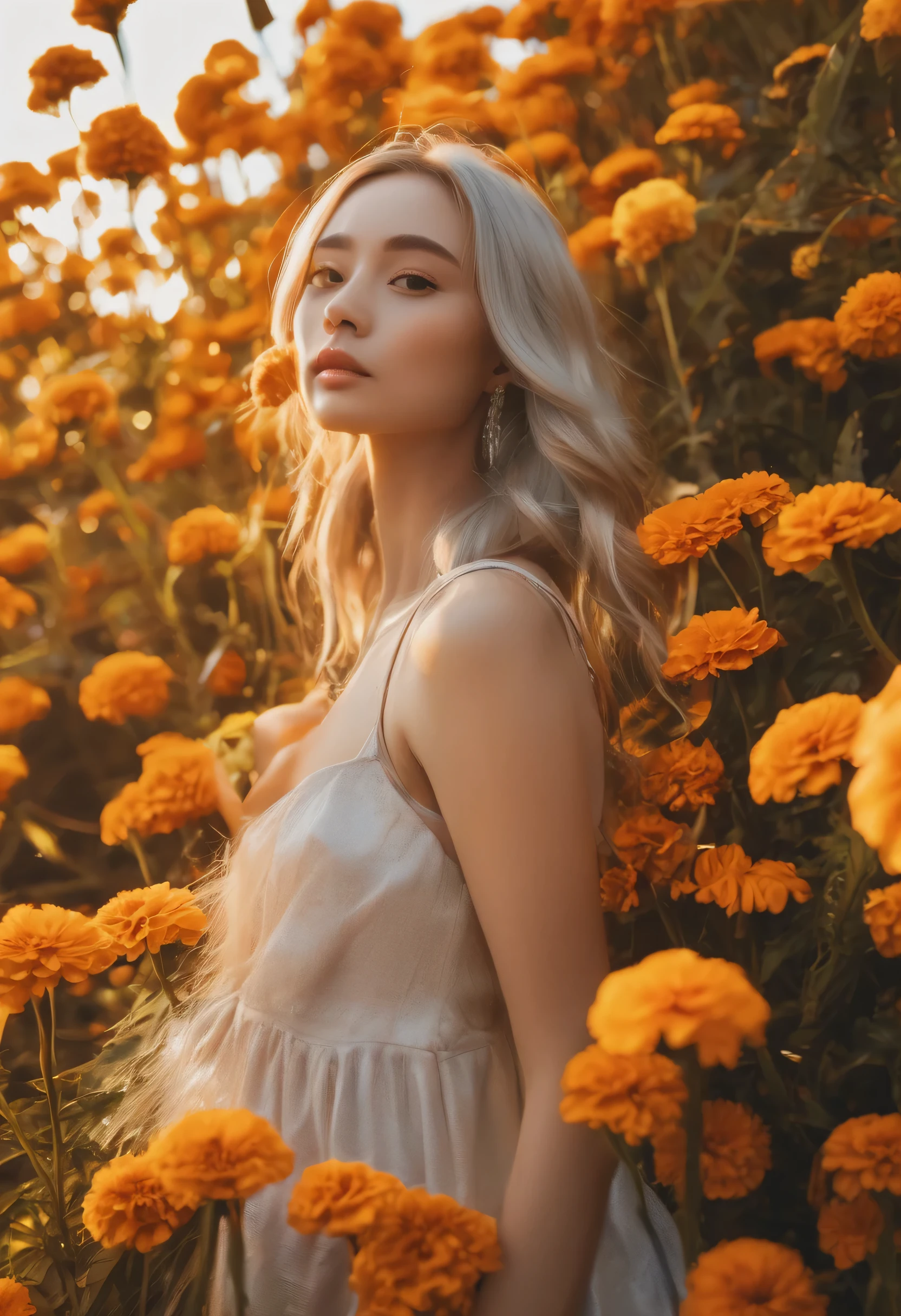 (8k, RAW Photos:1.2),1 ,(Long silver hair:1.31),(Marigold hair ornament:1.4), Hair Ring, Cinematic lighting, Better Quality, Ultra-high resolution, (Realistic:1.3), throw ,(Beautiful girl alone:1.1), (Watching the observer: 1.331), (Half-open lips: 1.1), (Cilia: 1.1), (Happy: 1.21), (Depth of written boundary: 1.1), Lens flare, (chromatic aberration: 1.1), (Caustics: 1.1) , (A background of scattered shiny marigold petals:1.331), Ulzzang-6500-v1.1,(((Asymmetrical dream dress))),(((whole body))),((High Jump)、Masterpiece