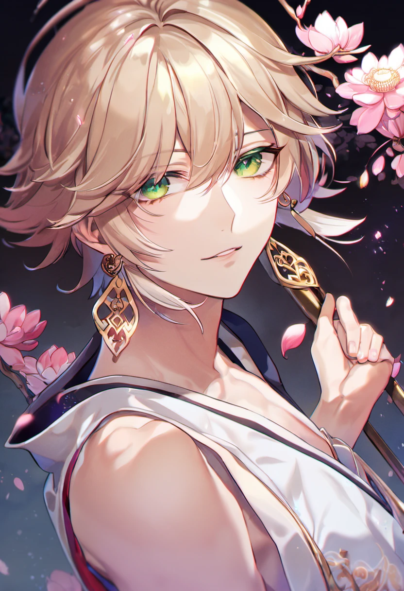(absurdres, highres, ultra detailed, HDR), master piece, best quality, perfect face, delicate features, vibrant green eyes, solo, man, handsome, Taishakuten, ash-blond hair, hair between the eyes, white tunic, showing the chest, lotus earrings, onmyoji, pink moon, pink flames, pink petals, pink butterflies, sky, blossoms