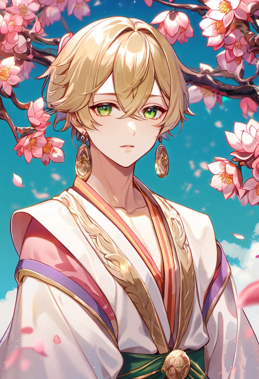 (absurdres, highres, ultra detailed, HDR), master piece, best quality, perfect face, delicate features, vibrant green eyes, solo, man, handsome, Taishakuten, ash-blond hair, hair between the eyes, white tunic, showing the chest, lotus earrings, onmyoji, pink moon, pink flames, pink petals, pink butterflies, sky, blossoms