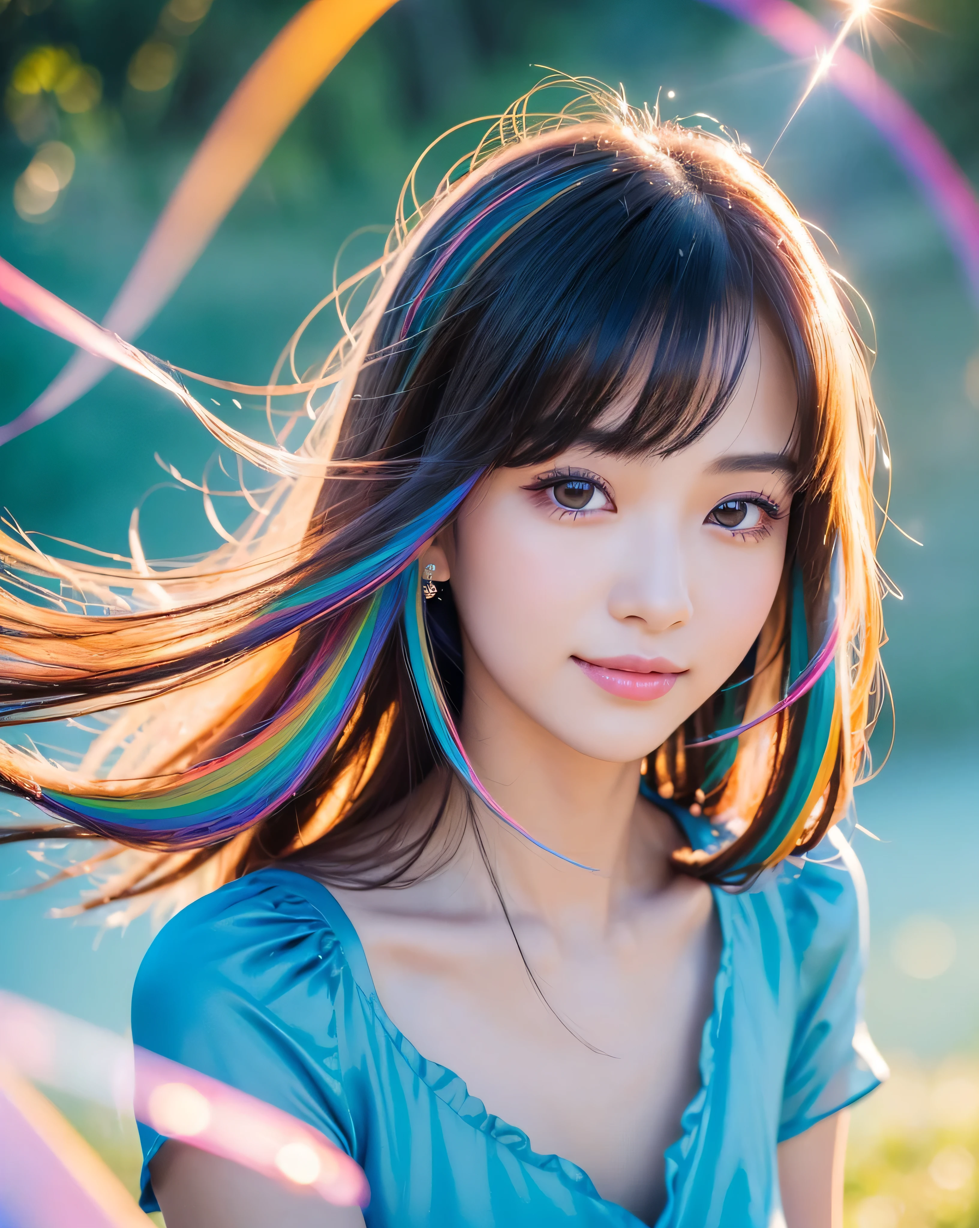(highest quality, 32k, High resolution, Masterpiece:1.5), Beautiful Japanese Girl, An exceptionally beautiful face, Full body shot, Perfect Human Anatomy, Shiny black hair, Beautiful super long straight silk hair, long bangs with asymmetry, Hair between the eyes, Magical big eyes, Beautifully trimmed thin eyebrows, Smooth and soft white skin, Pale pink lips, Natural Makeup, Cheek gloss highlight, Small Face Beauty, The best smile, ((Blue Princess Dress)), Perfect collarbone, Beautiful chest in high resolution, Slender body and big bust, High resolutionの美しい太もも, Beautiful feet, ((On the hill in spring)), Sitting on a green meadow, ((Absolute area)), Dazzling sunlight, blue sky, White cloud, ((Sparkling colorful light effect:1.3)), Professional Lighting, Professional Photographer, Professional models