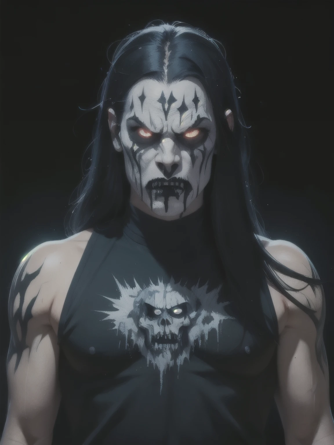 (masterpiece, best quality:1.2), (((1man, male))) , solo, highres, best quality, Half body shot of a strong Man, pale white skin angry man with (((black metal corpsy paint))), ((Angry face)) , heavy White and Black face paint, in a gothic cemitery, at night, horror movie. high details, super detail, textured skin, masterpiece, UHD, 4K, 8k. ((Cinematic lighting)). Church on fire background 