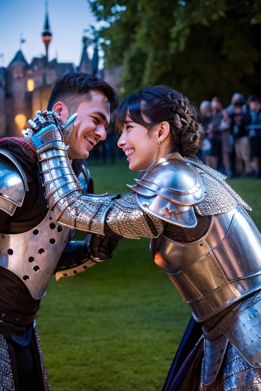 (((Medium Shot))), Couple, (men and women), 2 people, Outside the castle, Jousting, Playful, Playful, sweet, Happy, smile, armor, Chain mail, armor, Happy, Cute eyes, Playful, Surrealism, throw, Romanticism, Cinema Lighting, 8k, 超High resolution, masterpiece, Accurate, Anatomically correct, Textured skin, Attention to detail, high quality, High resolution, Awards, 最high quality, 16k, Bad body, Bad move, Bad legs.