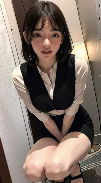 Place your arms behind your back、(Remote Play), OL、((Secretary uniform)),White collared shirt、Black tight mini skirt、office lady、Inside the company、 (close your eyes, Open your mouth, Slouching posture), 1 female, alone, 19 years old, Place your arms behind your back、 Ideal body type, Erect nipples, Sexy Body, Black-haired, , thin, Large Breasts, Beautiful legs, thin脚, Surrealism, Cinema Lighting, Written boundary depth, First Person View, debt/1.8, 135mm, んdebtdebt, Tabletop, Accurate, Anatomically correct, Textured skin, Super Detail, Attention to detail, high quality, Awards, 最high quality, High resolution, 8k