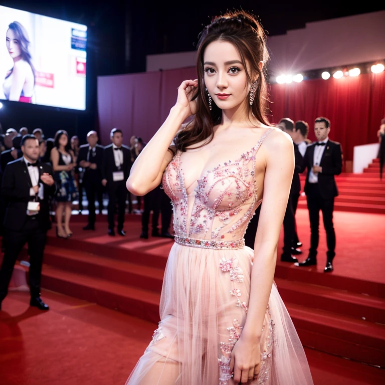 ((top quality、8k、masterpiece:1.3))、Extremely exquisite beautiful girl，full-body shot，Huge breasts，Breast enlargement，amazing breast size，G cup。Wear big earrings，The skin is very white，Hydrating red lips，Very thin waist，Thighs are very thin，Big Ass，Fair and smooth skin，Smooth and fair skin，Flawless skin，Fair and shiny skin，Cool white skin，There&#39;s a camera on the chest，Deep Crack，showing her breast，（Big V-neck），Bright light，（Red transparent lace dress:1.3），Red tulle skirt，Bare shoulders，Light pink hair，The hair is light pink，stage，Red Carpet，Cannes Film Festival，