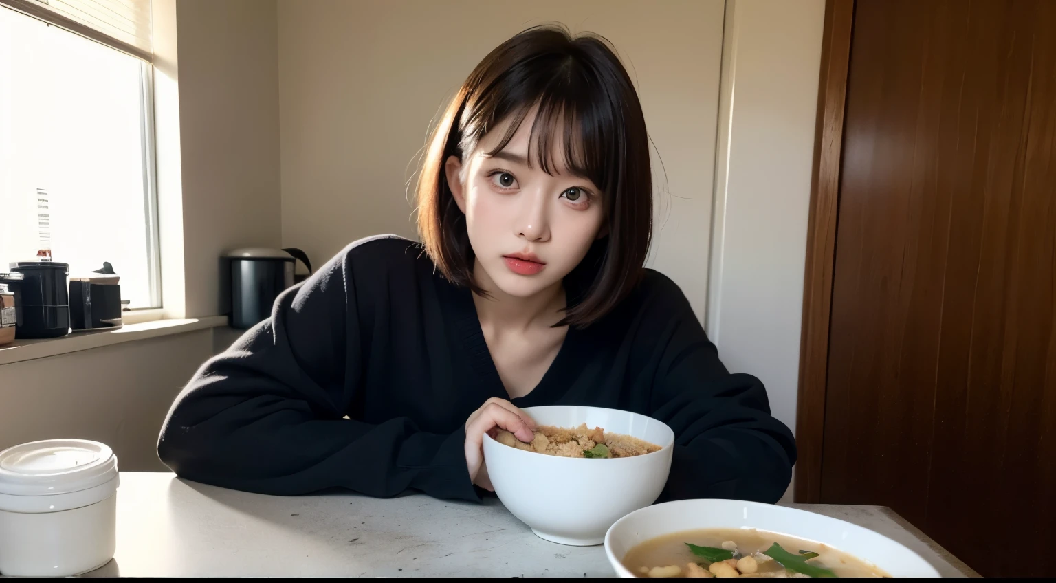 18-year-old,(((Homeless))),Korean women,Tasty looking porridge,eating, ((With bangs,Straight medium bob cut, Nice hair)), Light makeup,Realistic Skin,Realistic texture,８k,whole body,Pale skin,Red iris,Expressionless,Glaring,Perfect Face,(((Big eyes)))