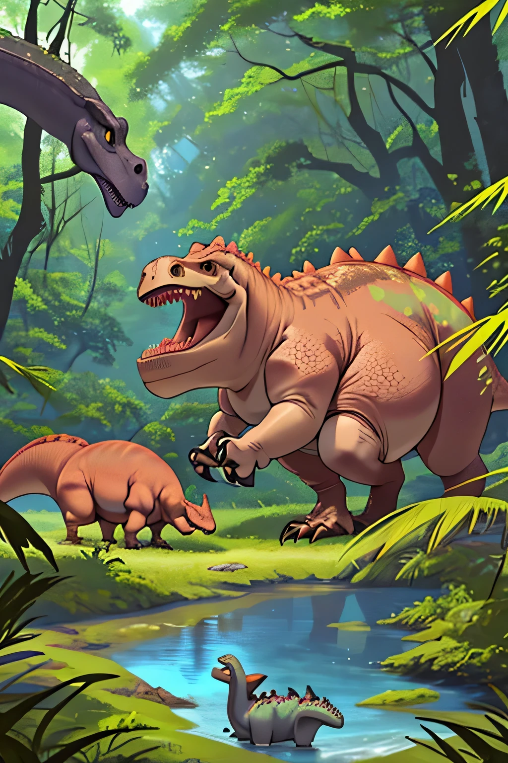 Cute Dinosaurs。eat、inhale、appetite、in the forest、competition、triceratops、Shore、herd of dinosaurs、