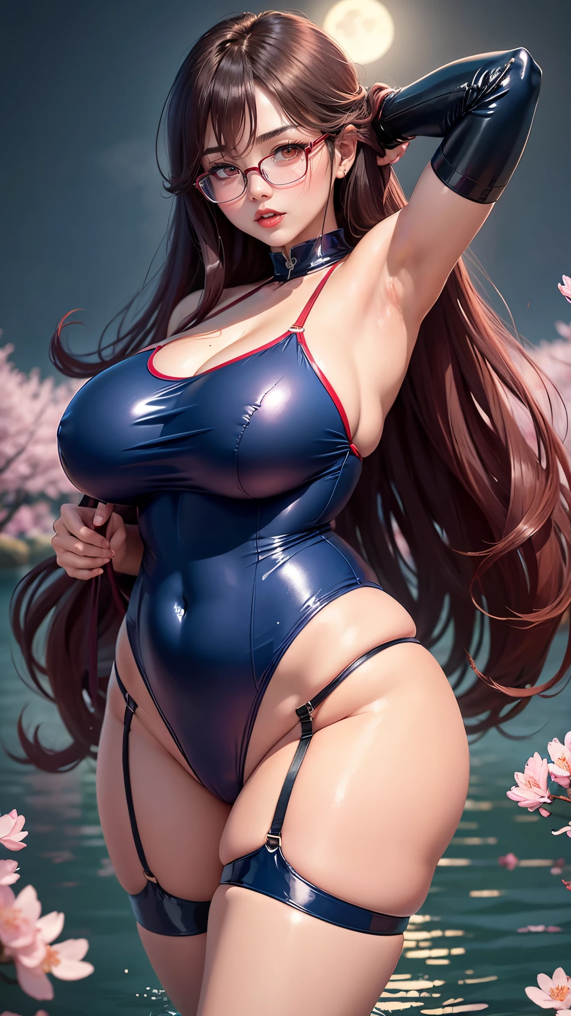 Chinese idol girl Mature Woman Brown wavy hair with bangs (Bright red rouge lips) Chubby Plump ((Rimless glasses)) Large Breasts Super big boobs Big eyes SakuraFubuki ((Wet and shiny navy blue school swimsuit)) ((garter belt)) ((Knee-high boots)) 8K Photorealistic Drawn from above ((A large number of cherry blossoms in full bloom at night)) (Surrounded by a huge amount of falling cherry blossom petals) ((Beautiful armpits)) Sweaty skin shiny body Sea and full moon