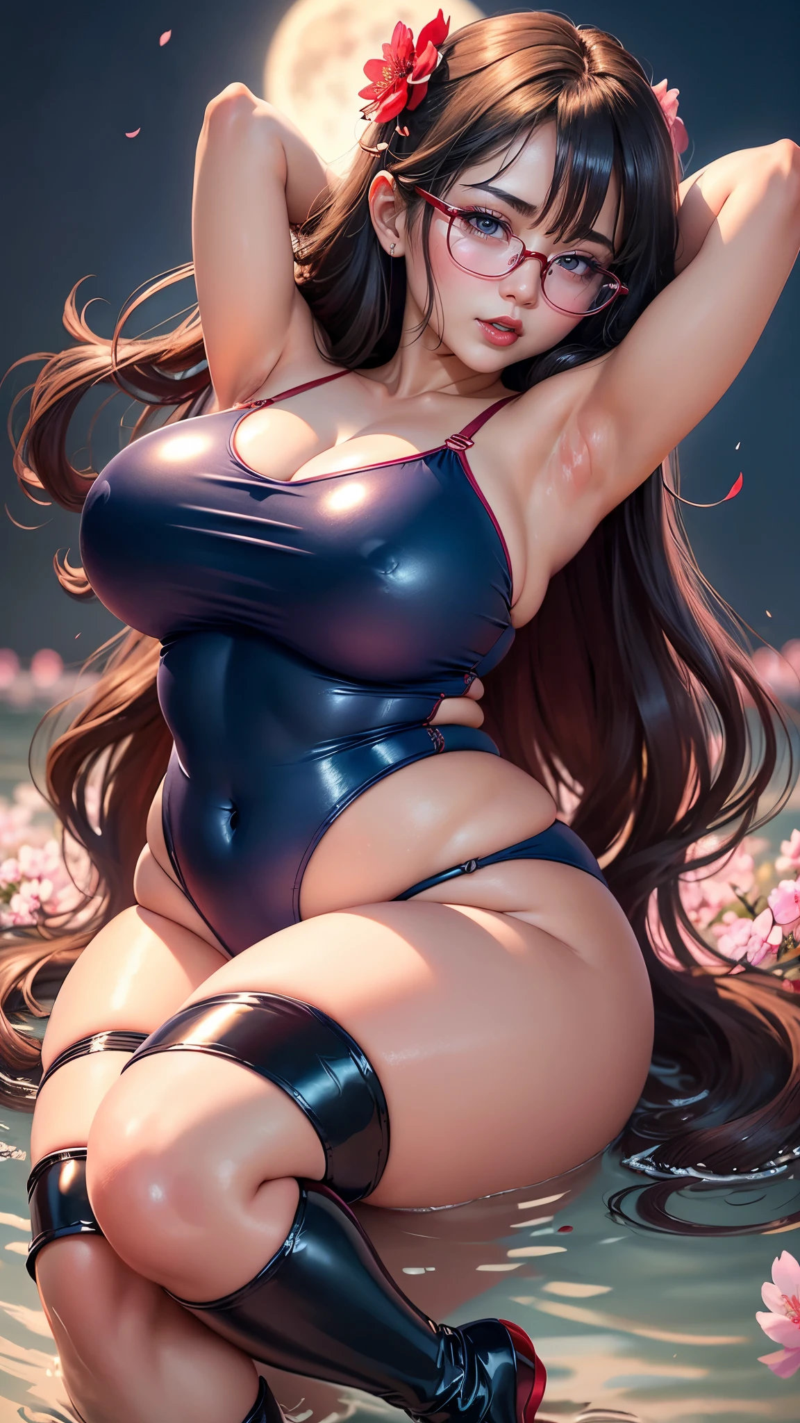Chinese idol girl Mature Woman Brown wavy hair with bangs (Bright red rouge lips) Chubby Plump ((Rimless glasses)) Large Breasts Super big boobs Big eyes SakuraFubuki ((Wet and shiny navy blue school swimsuit)) ((garter belt)) ((Knee-high boots)) 8K Photorealistic Drawn from above ((A large number of cherry blossoms in full bloom at night)) (Surrounded by a huge amount of falling cherry blossom petals) ((Beautiful armpits)) Sweaty skin shiny body Sea and full moon