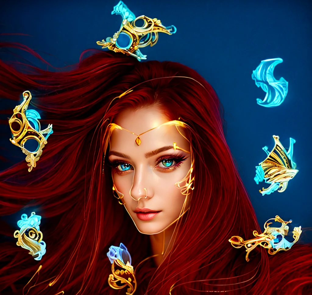 (masterpiece, best quality:1.2), 1girl, solo ((ultra realistic))), photo, best quality, trending on artstation, ONE beautiful woman (long dark red hair:1.2), (detailed eyes:1.2), body jewelry made of gold, no jewelry in hair, hairline reaches jewel in forehead, hair is falling softly on shoulders, calm air, heavy eye makeup, mascara, glossy pink lips, detailed hair, long painted finger nails, fingers holding hair, shiny skin, (focus on face and cleavage:1.1), depth of field, soft lighting, (play of light and shadow:1.2), ultra detailed, detailed gold jewelry with diamonds floating in blue sky, CALM blue light in dark background,  SIMPLE dark calm background.