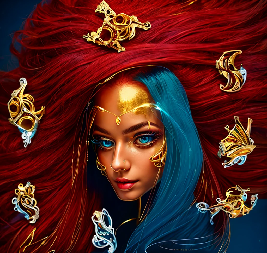 (masterpiece, best quality:1.2), 1girl, solo ((ultra realistic))), photo, best quality, trending on artstation, ONE beautiful woman (long dark red hair:1.2), (detailed eyes:1.2), body jewelry made of gold, no jewelry in hair, hairline reaches jewel in forehead, hair is falling softly on shoulders, calm air, heavy eye makeup, mascara, glossy pink lips, detailed hair, long painted finger nails, fingers holding hair, shiny skin, (focus on face and cleavage:1.1), depth of field, soft lighting, (play of light and shadow:1.2), ultra detailed, detailed gold jewelry with diamonds floating in blue sky, CALM blue light in dark background,  SIMPLE dark calm background.