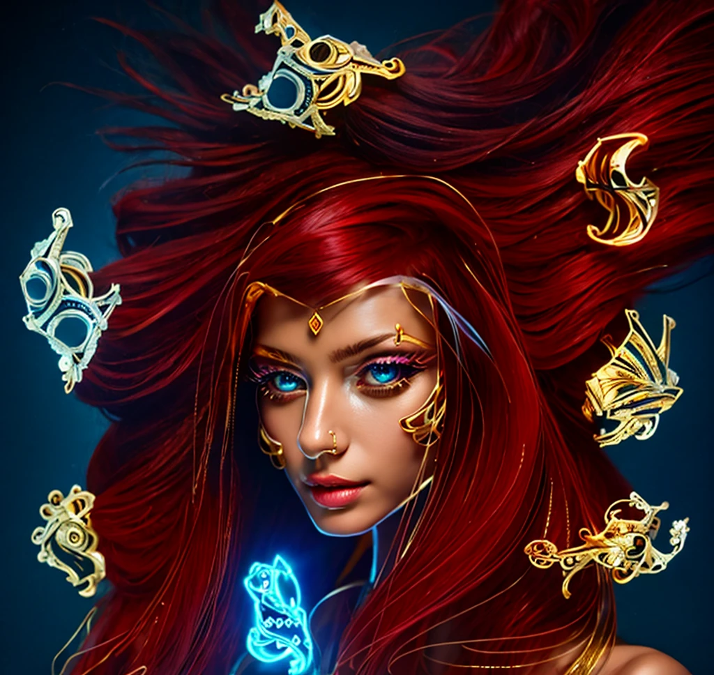 (masterpiece, best quality:1.2), 1girl, solo ((ultra realistic))), photo, best quality, trending on artstation, ONE beautiful woman (long dark red hair:1.2), (detailed eyes:1.2), body jewelry made of gold, no jewelry in hair, hairline reaches jewel in forehead, hair is falling softly on shoulders, calm air, heavy eye makeup, mascara, glossy pink lips, detailed hair, long painted finger nails, fingers holding hair, shiny skin, (focus on face and cleavage:1.1), depth of field, soft lighting, (play of light and shadow:1.2), ultra detailed, detailed gold jewelry with diamonds floating in blue sky, CALM blue light in dark background,  SIMPLE dark calm background.