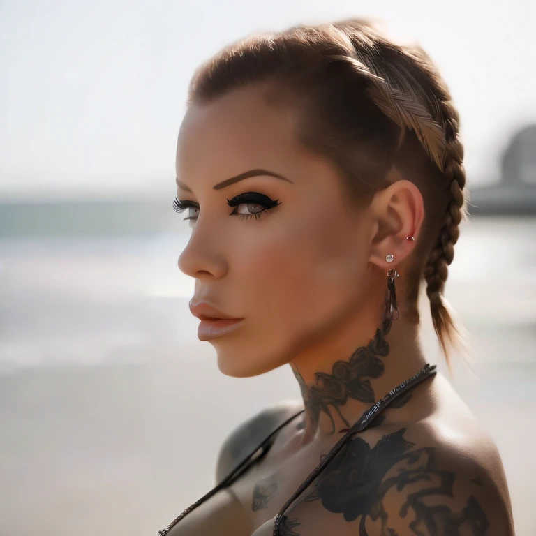 (masterpiece, best quality:1.2), Create an image featuring a female model named Laurence bedard, 30 years old, with amber eyes, in the beach with braided hair, styled in a cyberpunk manner. Wearing lingerie, looking at camera, her full body tattoo