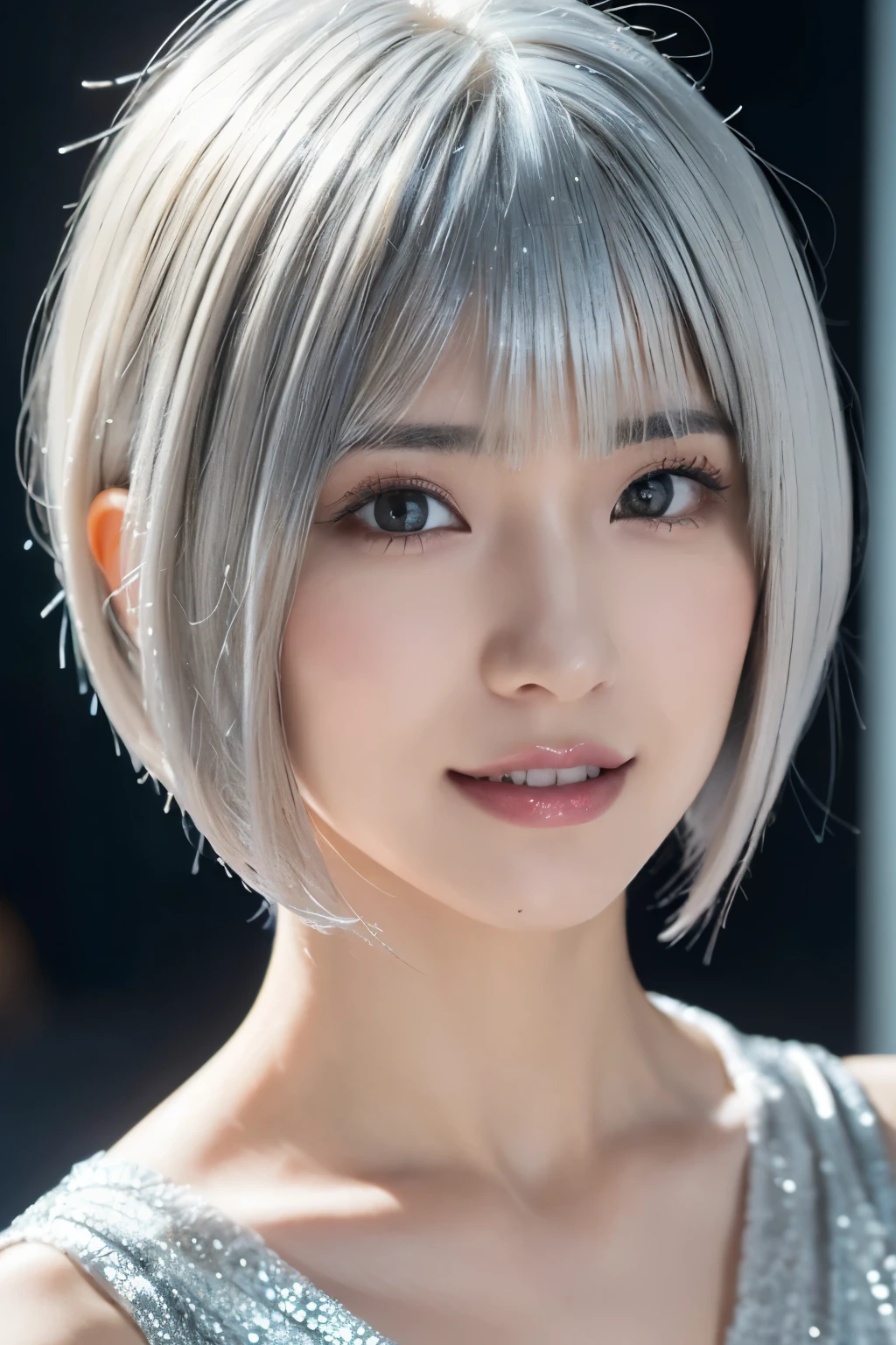 One Girl, (White underwear:1.2),((Face close-up:1.4))、((A little darker makeup:1.3))、 ((Short bob cut with silver hair:1.6))、(RAW Photos, highest quality), (Realistic, Realistic:1.4), Tabletop, Very delicate and beautiful, Very detailed, 2k wallpaper, wonderful, In detail, Very detailedな CG Unity 8K 壁紙, Very detailedな, High resolution, Soft Light, Beautiful detailed girl, Very detailedな目と顔, Beautiful and detailed nose, Beautiful details, Cinema Lighting, City lights at night, Perfect Anatomy, Slender body, smile