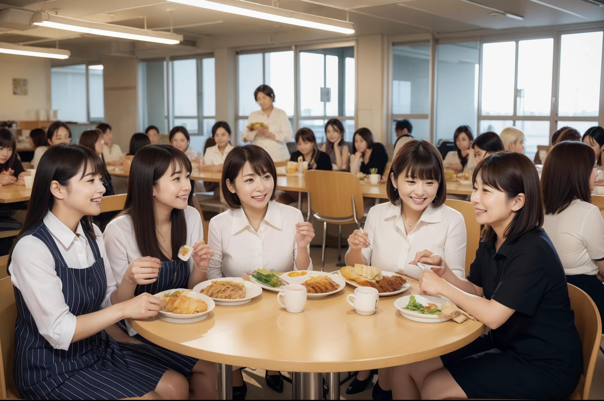 ((highest quality, 8k, Representative works in detail, Ultra-high resolution)), (Group photo of women), (Looking at the audience), (Mid Shot:), Five attractive businesswomen、women only、 A little chubby:0.25, White collared shirt, Grey Skirt, mini skirt、私nside a high-rise office,wide、Sit down and eat、company cafeteria、Friendly office ladies;Having lunch、Happy expression、color々Food、Daily set meal、Ramen、Udon、Omelette rice、sandwich、curry、Pork cutlet on rice、coffee、Eat with a knife and fork、Facing table、四人掛けのテーブルにSit down and eat、