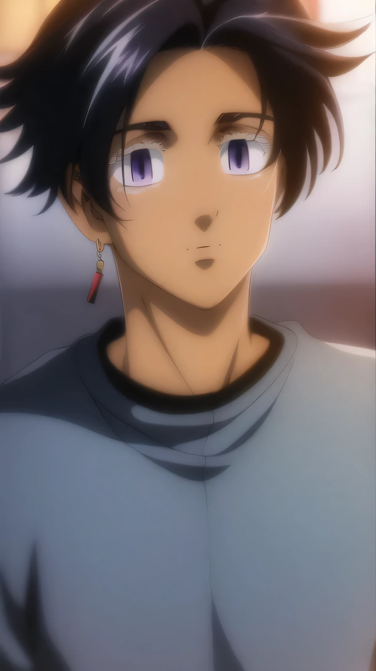 (best quality,4k,8k,highres,masterpiece:1.2),ultra-detailed,(realistic,photorealistic,photo-realistic:1.37),anime style:1.2,anime boy,purple eyes,black hair , tanned skin