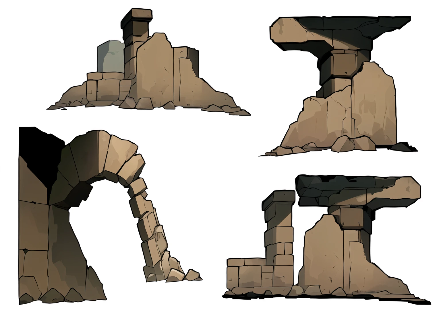 um close de um conjunto de quatro pedras diferentes, estruturas de tumbas gigantes, ruins, arte conceitual, arte conceitual, arcos rochosos, design de ambiente de jogo 2 d, metal slug arte conceitual, estruturas graves gigantes, hard edges arte conceitual, arte conceitual, arte conceitual, arte conceitual for a video game, game arte conceitual, game design arte conceitual