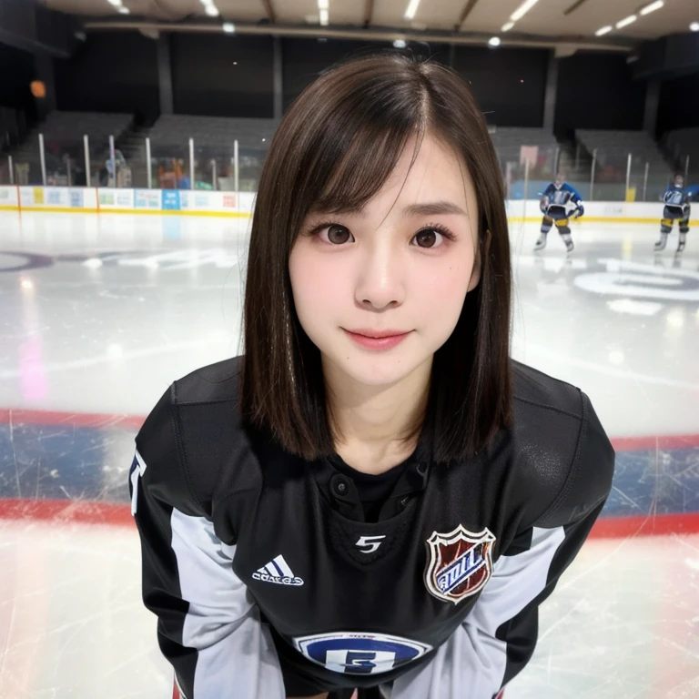 (kawaii 24year-old Japanese girl, Nogizaka idol, Korean idol), female ice hockey player, (glossy black hair, very short hair:1.3), (rounded face, black eyes, single eyelid, no makeup, soft smiling:1.2), (wearing long sleeved ice hockey jersey:1.5), ice hockey gloves, ice hockey helmet, (flat chest, extra small breasts:0.8), (looking at viewer:1.2), BREAK, (skating at ice skate arena, active atmosphere:1.3), (view from forward, bust shot, face focus:1.3), BREAK, (masterpiece, best quality, photo realistic, official art:1.4), (UHD, 8K quality wallpaper, high resolution, raw photo, golden ratio:1.3), (shiny skin), professional lighting, physically based rendering, award winning, (perfect anatomy, highly detailed skin, extremely detailed face and eyes:1.2), Carl Zeiss 300mm F/2.8, depth of field, 1girl, solo, nhl player, national hockey league player,