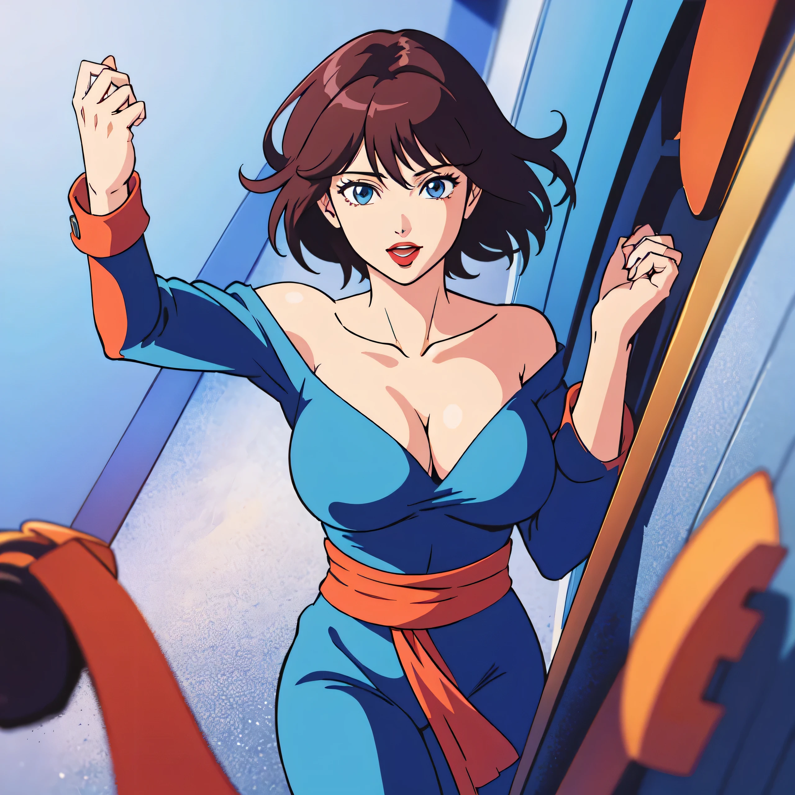 masterpiece、highest quality、Anime Women、solo、Watching the audience、laugh at、Short Hair、brown hair、eyelash、lipstick、Blue Eyes、Big Breasts、cleavage、woman with very large breasts、collarbone、Red bodysuit、Off the shoulder、Long sleeve、Blue sash、