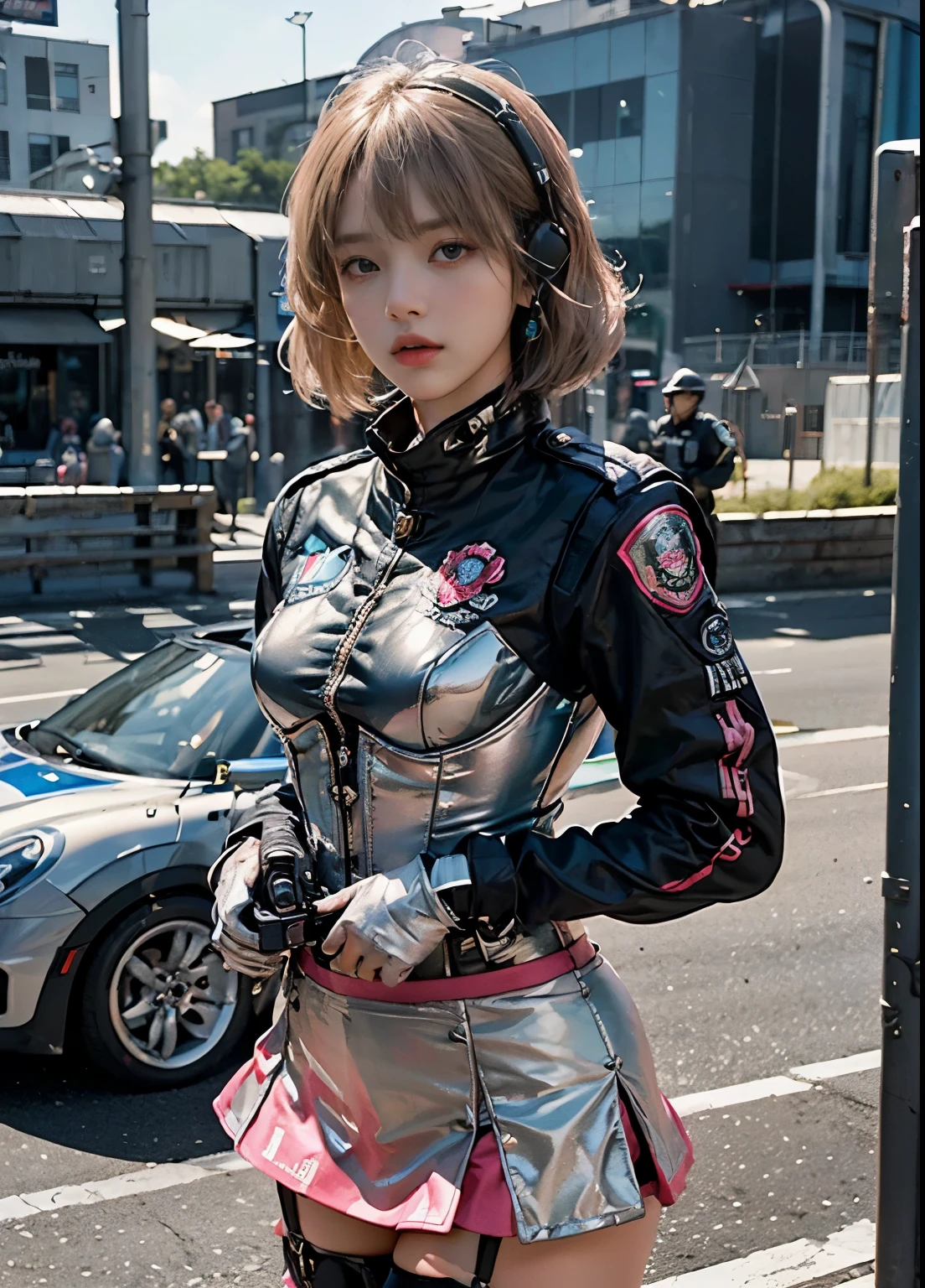 Lisa black pink realistic,(Top Quality, Ultra High Definition, Photorealistic: 1.4), (cowboy shot:1), 1 Beautiful Girl, (Kpop Idol), Detailed Face, (Hair Style gradation: blonde:0.6Silver:0.4, fullbang, shortbob-style:1), Contrapposto, Perfect Anatomy, Smooth Skin, Professional Lighting, ((wearing Futuristic Police Racing Suits, low-mini-skirt, police wappen, High-tech Headset, military gun-corset, racing gloves, holding handguns with both hands)), (Cloths colors based on pink silver red black), (background, backstrage),