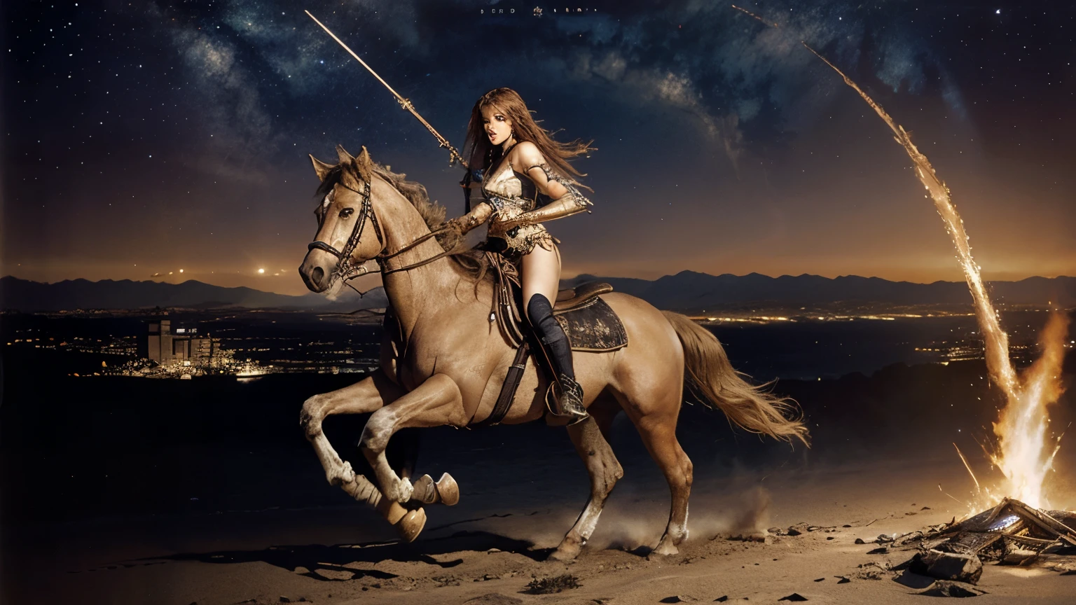 A beautiful woman in the colorful starry sky held a spirit snake and rode a white horse to fly