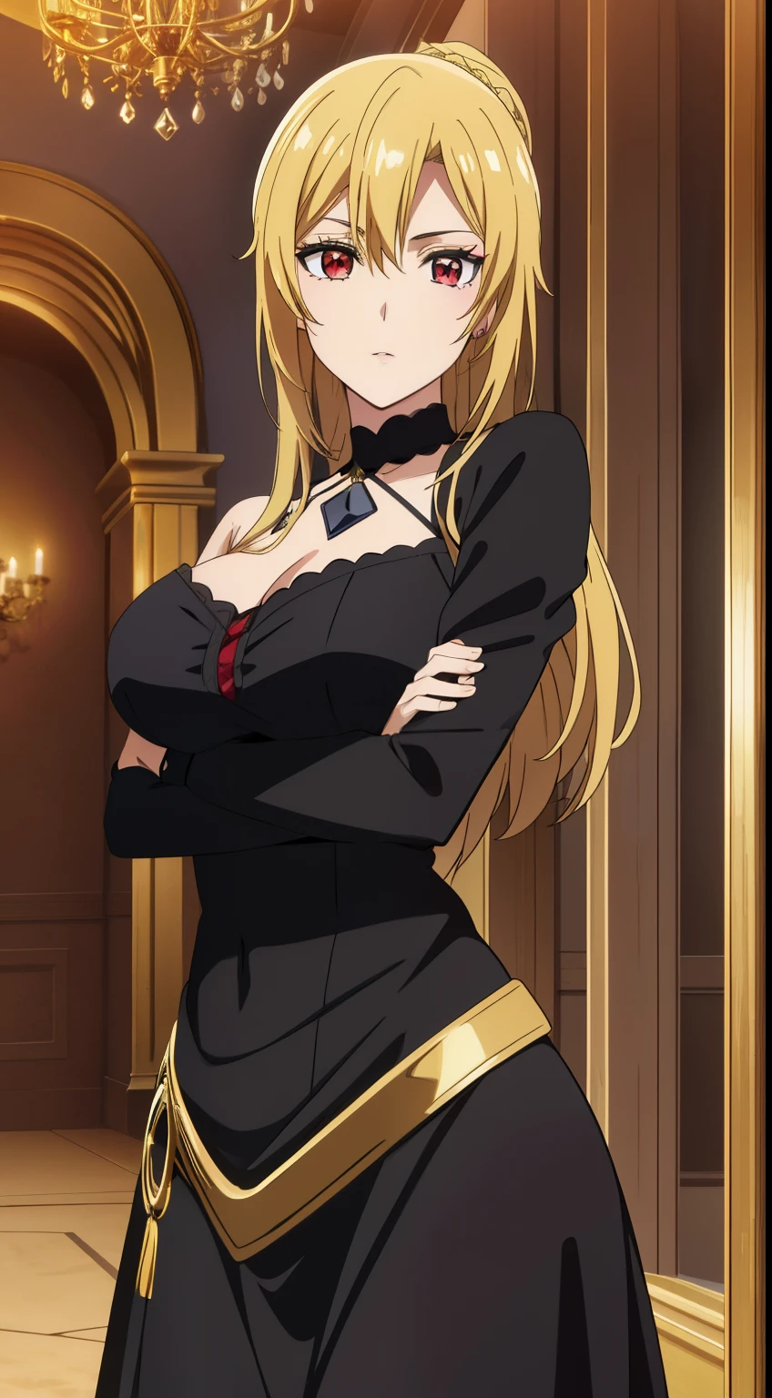 best quality, high resolution, 8K, anime art style, beautiful detailed eyes, extremely detailed face, soft expression, stylish pose, Angelica V4,1girl,solo,red eyes, (Gothic costume, black dress, makeup, antique room, cowboy shot), looking at the audience, in the center of the image, beautiful large medium-sized breasts, beautiful face, slim waist, appealing, soft lighting,