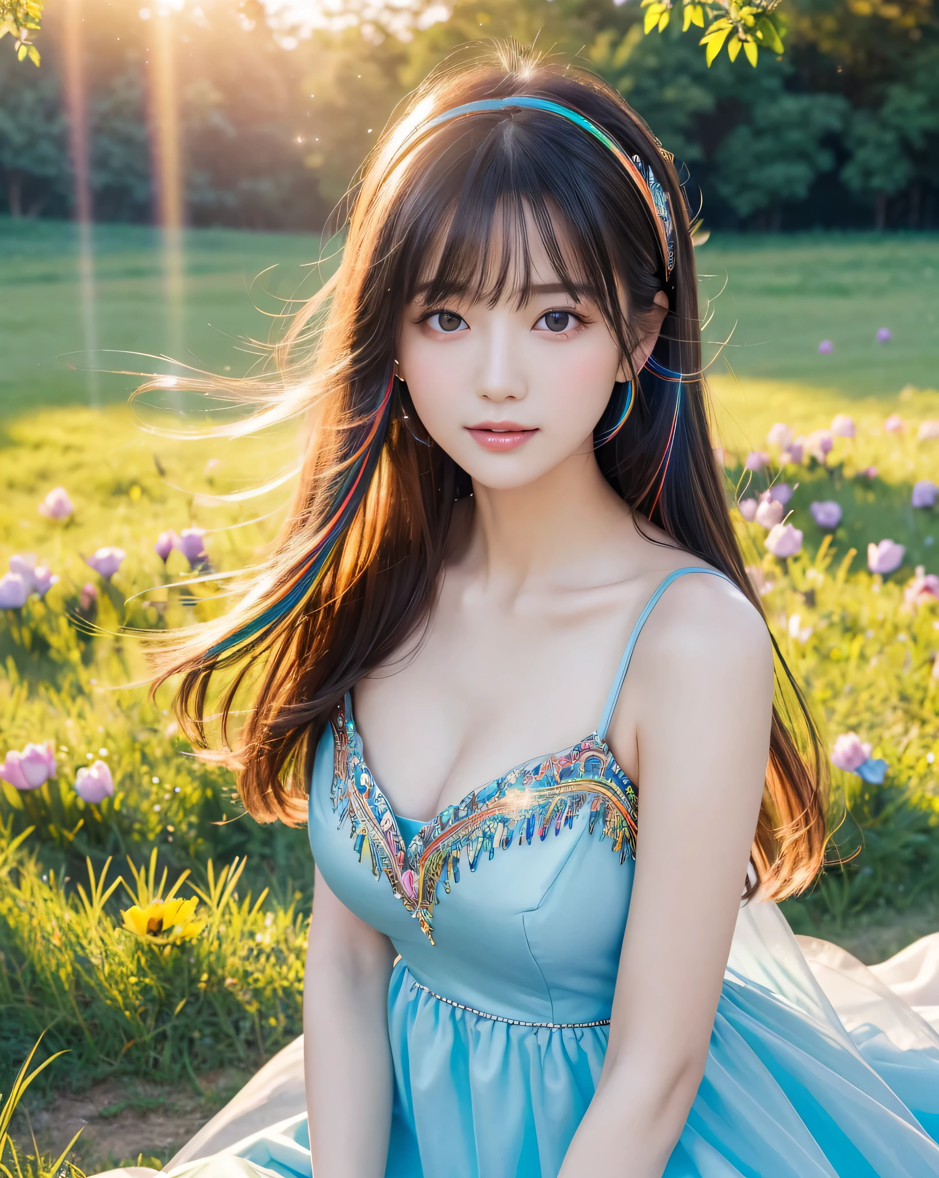 (highest quality, 32k, High resolution, Masterpiece:1.5), Beautiful Japanese Girl, An exceptionally beautiful face, Full body shot, Perfect Human Anatomy, Shiny black hair, Beautiful super long straight silk hair, long bangs with asymmetry, Hair between the eyes, Magical big eyes, Beautifully trimmed thin eyebrows, Smooth and soft white skin, Pale pink lips, Natural Makeup, Cheek gloss highlight, Small Face Beauty, A gentle smile, Overflowing Motherhood, ((Blue Princess Dress)), Perfect collarbone, Beautiful chest in high resolution, Slender body and big bust, High resolutionの美しい太もも, Beautiful feet, ((On the hill in spring)), Sitting on a green meadow, ((Absolute area)), Dazzling sunlight, blue sky, White cloud, ((Sparkling colorful light effect:1.4)), Professional Lighting, No professional photographer, Professional models