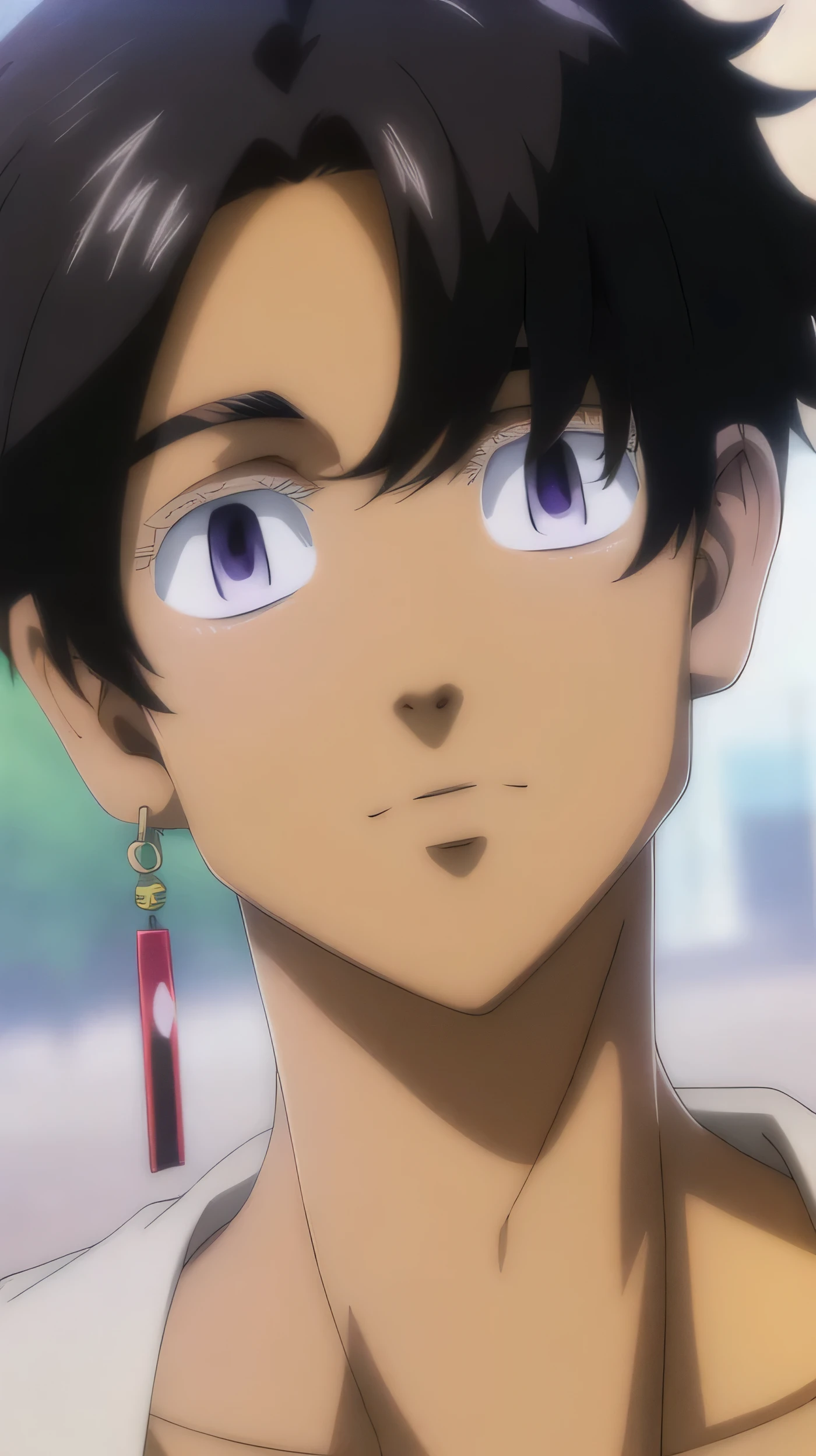 （best quality,4k,8k,highres,masterpiece:1.2),ultra-detailed,(realistic,photorealistic,photo-realistic:1.37),anime style:1.2,anime boy,purple eyes,black hair , tanned skin 