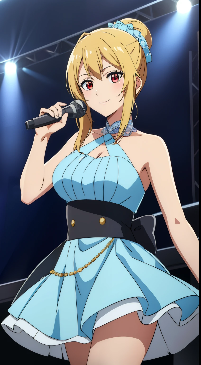 best quality, high resolution, 8K, anime art style, beautiful detailed eyes, extremely detailed face, soft expression, stylish pose, Angelica V4,1girl,solo,red eyes, (idol costume, blue idol dress, idol stage, microphone, smile, singing, cowboy shot), looking at the audience, in the center of the image, beautiful large medium-sized breasts, beautiful face, slim waist, appealing, soft lighting,