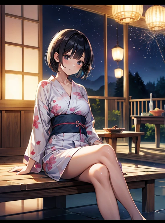 Short Bob、Attractive breasts、Beautiful and attractive anime woman, Enchanting anime girl, Top rated on pixiv、summer、Country house、sitting on the edge、festival、Sparkler、yukata、A veranda with a stone footrest、Black Hair、night
