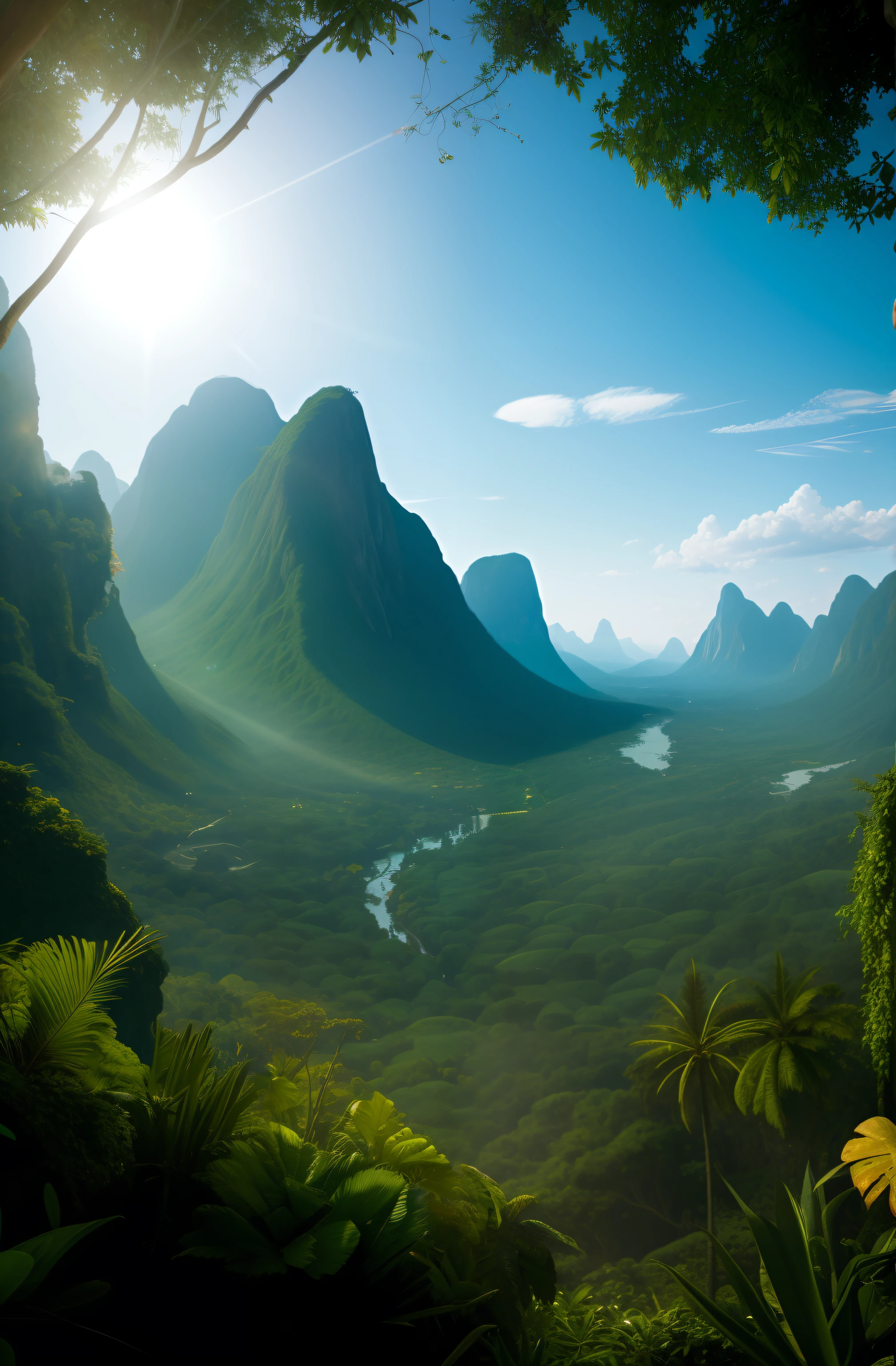 Highly detailed cinematic film still, foto de paisagem grande angular, mundo de selva de fantasia sombria sobrenatural,aldeias, criaturas, (Lush vegetation), (montanhas:1.1), (raios de deus:0.4), dense alien jungle, corpo tonificado, (Altamente detalhado, hiperdetalhado, intricado), (Reflexo de lente:0.4), (florescer:0.5), particle effects, cinematic lighting, (soft lighting:0.6), sombras projetadas proeminentes, profunda profundidade de campo, (film grain:0.5), fotografado em uma Leica SL (Tipo 601) Mirrorless Digital Camera, Lente grande angular de 50mm, f2.8 abertura, foco profundo, (CRU), Still cinematic film of Avatar