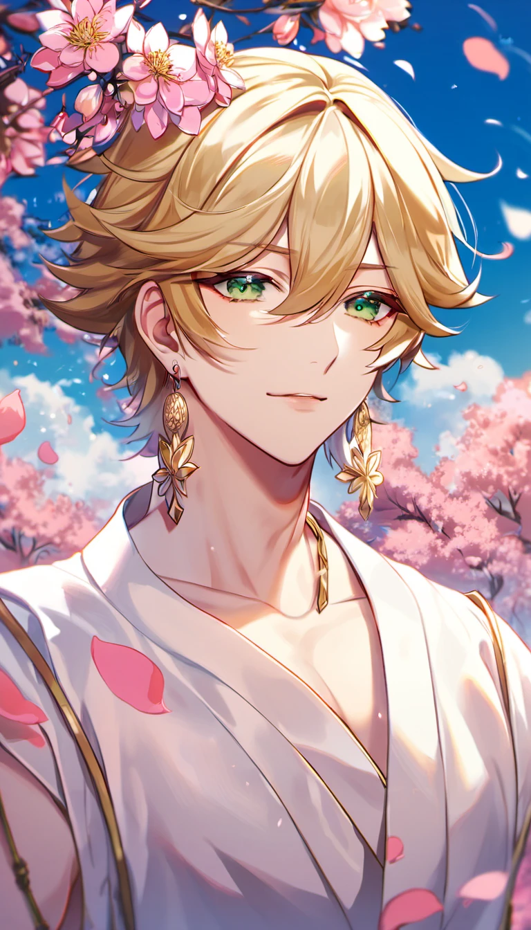 (absurdres, highres, ultra detailed, HDR), master piece, best quality, perfect face, delicate features, vibrant green eyes, solo, man, handsome, Taishakuten, ash-blond hair, hair between the eyes, white tunic, showing the chest, lotus earrings, onmyoji, pink moon, pink flames, pink petals, pink butterflies, sky, blossoms