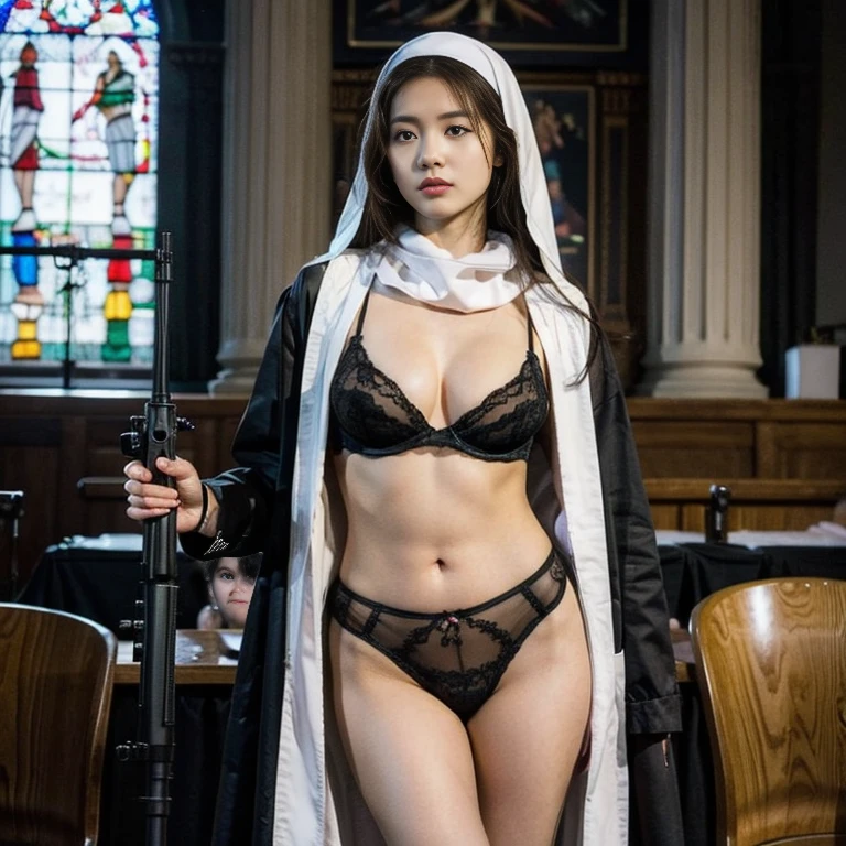 (highest quality、4k、8k、High resolution、Masterpiece: 1.2)、Super detailed、(Real、Photorealistic、Photorealistic: 1.37)、Beautiful nun、Very beautiful woman、Big Breasts、(Skinhead:1.5)、(Put on a nun's scarf:1.5)、 (Wearing the finest lingerie:1.5)、(Assault rifle(XM5)Keep the focus on the audience:1.67)、Cowboy Shot、Dynamic pose、Standing at the altar of the chapel、Stained glass、Hymns、Solemn atmosphere、mynatalee woman