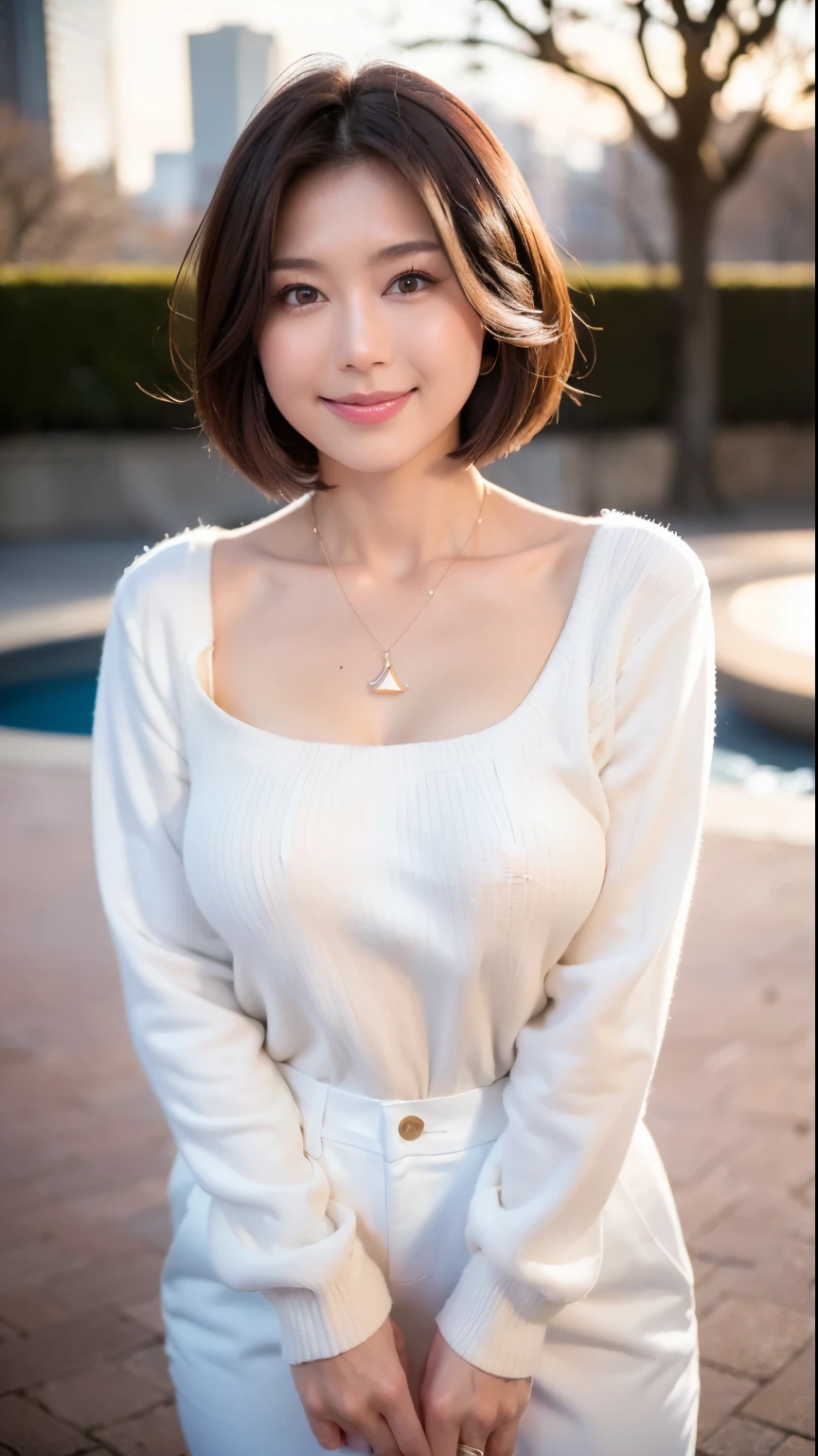 (highest quality, 8k, 32k, masterpiece, Ultra-high resolution:1.2),Beautiful Japanese Women Photos, Large Breasts, very short bob hair,whole body,White sweater, necklace, Simple Background, From above, View audience,smile、（In front of the fountain in the park：1.2）、（sunset：1.4）