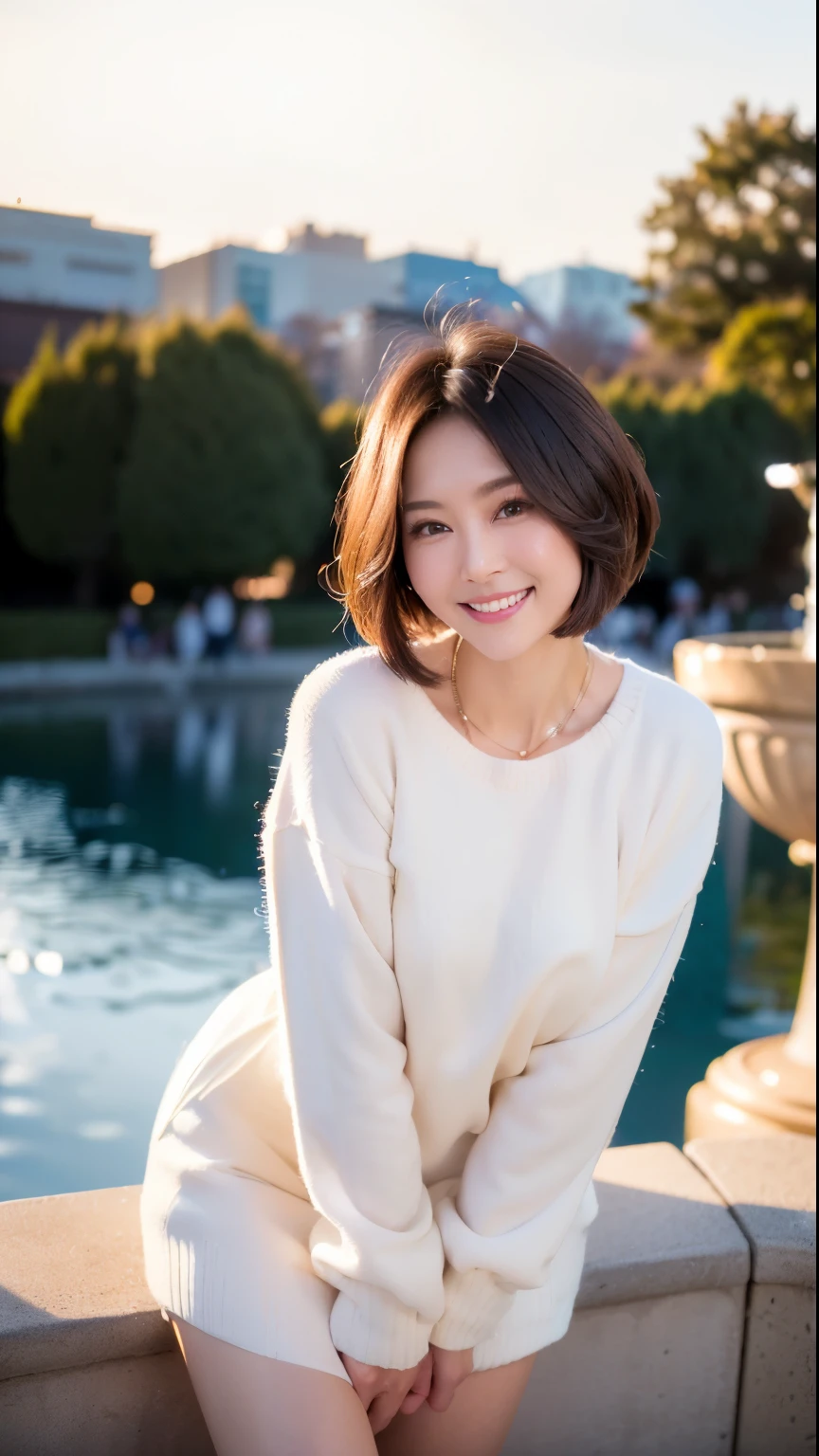 (highest quality, 8k, 32k, masterpiece, Ultra-high resolution:1.2),Beautiful Japanese Women Photos, Large Breasts, very short bob hair,whole body,White sweater, necklace, Simple Background, From above, View audience,smile、(In front of the fountain in the park:1.2)、(sunset:1.4)