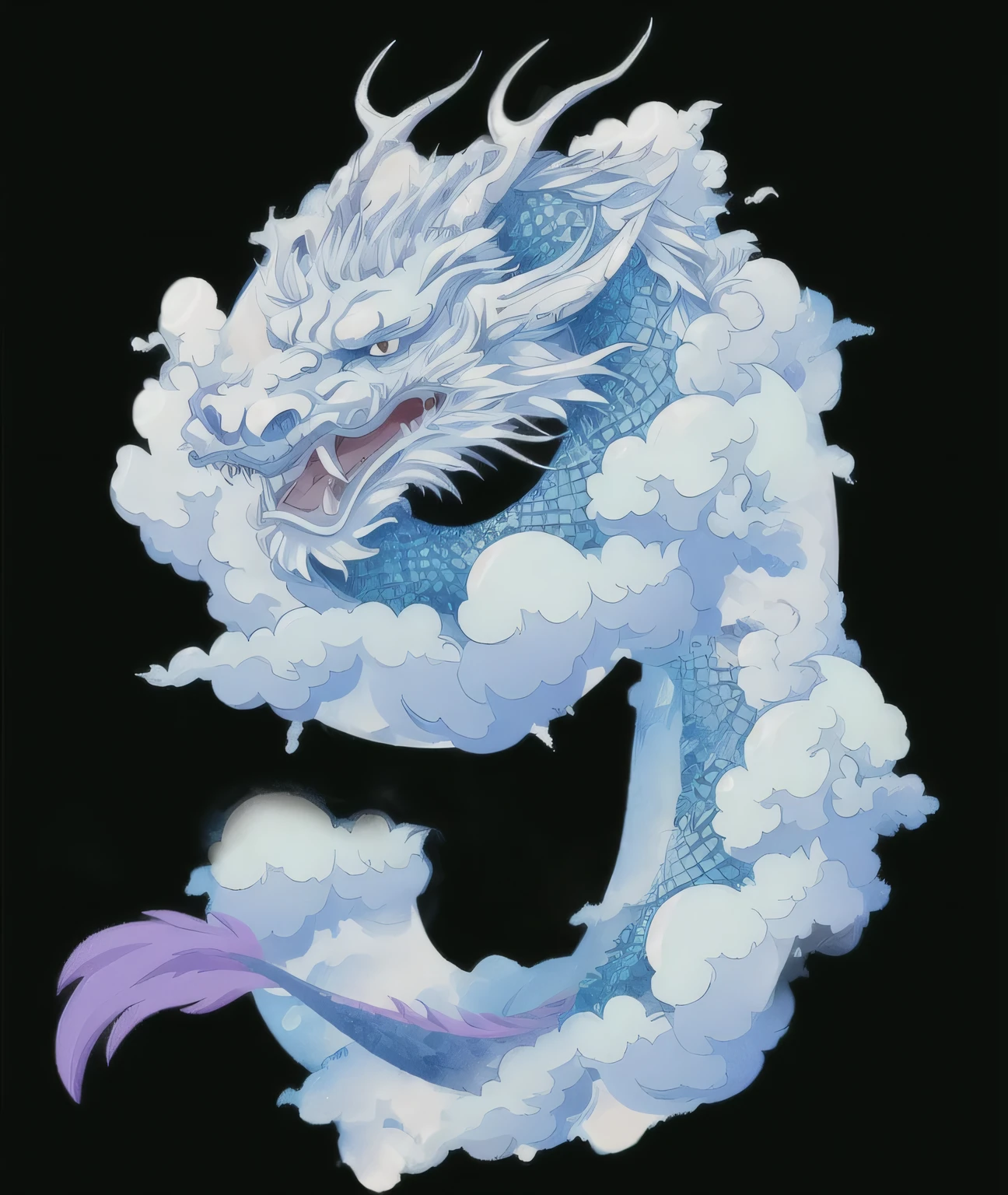 Close-up of a dragon standing on a cloud with a black background, Cloud Dragon, Dragon-shaped cloud, cyan Chinese dragon fantasy, Majestic Japanese dragon, Dragon in the sky, smooth Chinese dragon, Blue dragon, dragon, flying dragon, Chinese dragon, Water dragon, dragon flying in the sky, Storm Dragon, dragon god