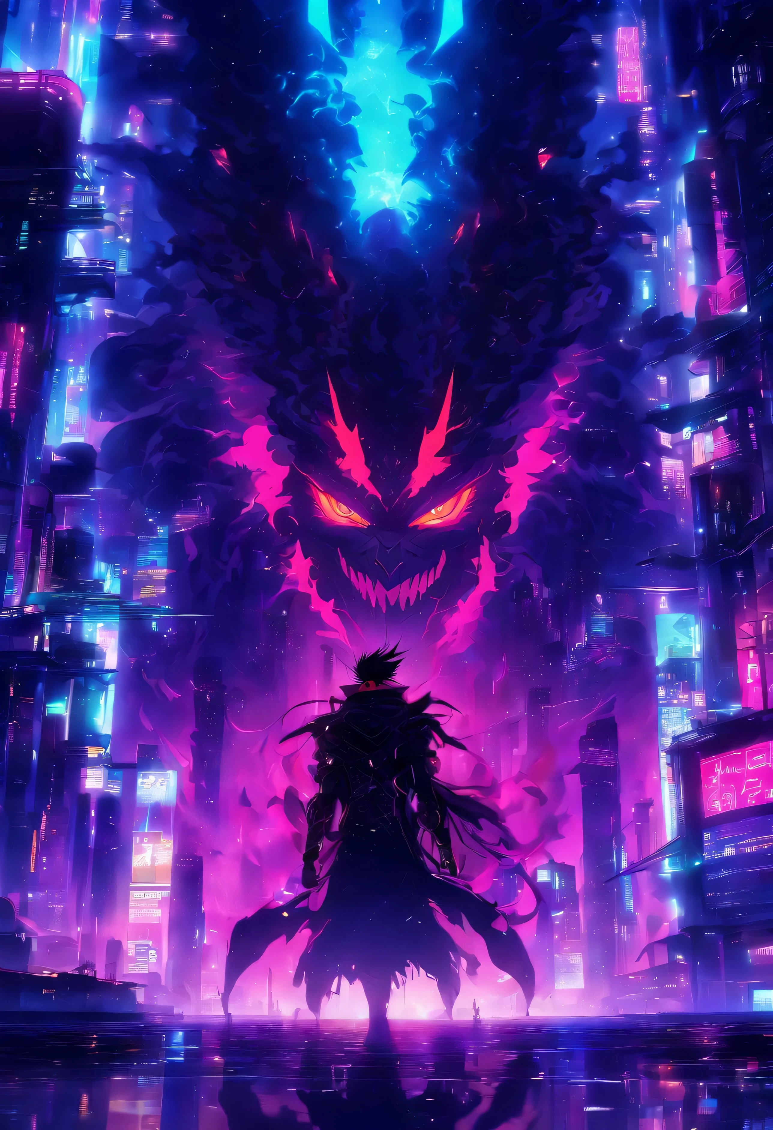 Holy demon,Realistic, dark and luminous, background cyberpunk city