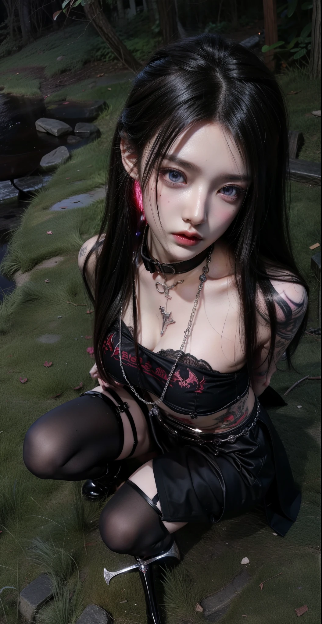 Detailed image quality，Pandora the Witch，wing, Succubus Theme，堕落Angel，Excellent，scary，Secret Terror，Tentacles，With eyes，Uncanny Valley Effect，Blood月，skeleton，吸Blood鬼，Hellfire，Dark Queen，Angel，magician magic witch，16岁Angel，Eyes are blue(Pupils as deep as the starry sky)，Gorgeous tattoo designs all over the body，tattoo queen，Gorgeous clothes(Rich in details)，8K Ultra HD photos，哥特式吸Blood鬼女王，Wearing lip studs，Blood，Squatting on the ground，Wear high heel boots，Foot on a sword