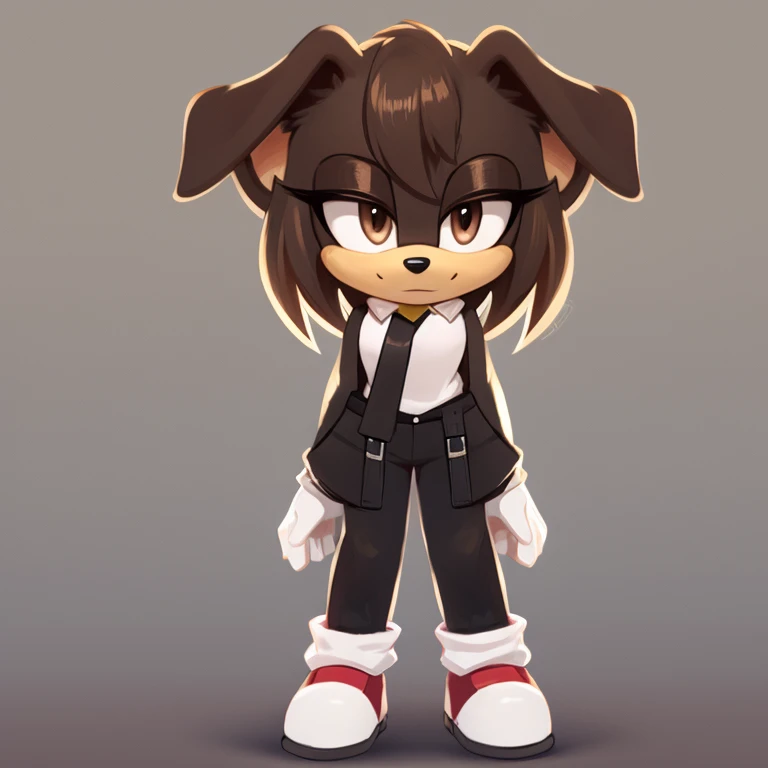 Mobian, dog, black fur, black muzzle, dark brown eyes, no hair, full body, female