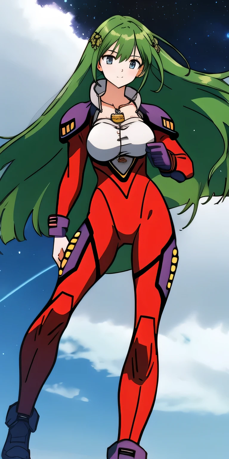 emiliajenius, large_breasts, huge_breasts, standing, solo, Red_pilot_suit_White_bustier_Purple_shoulder_pads_High_collar, starry_sky, green_hair,, masterpiece, best_quality, detailed_face, detailed_eyes, highres, beautiful, detailed, full body, 50 feet tall, giantess