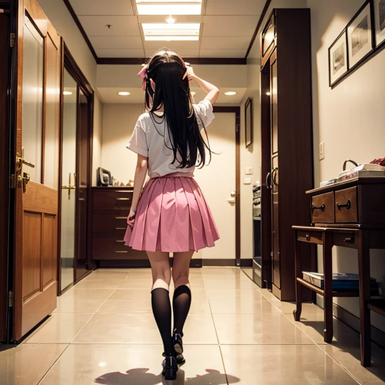 (masterpiece, Best quality:1.2), 1 girl, One,standing_split,
Yuki Mikan, long hair,black无袖短背心,pink skirt,black