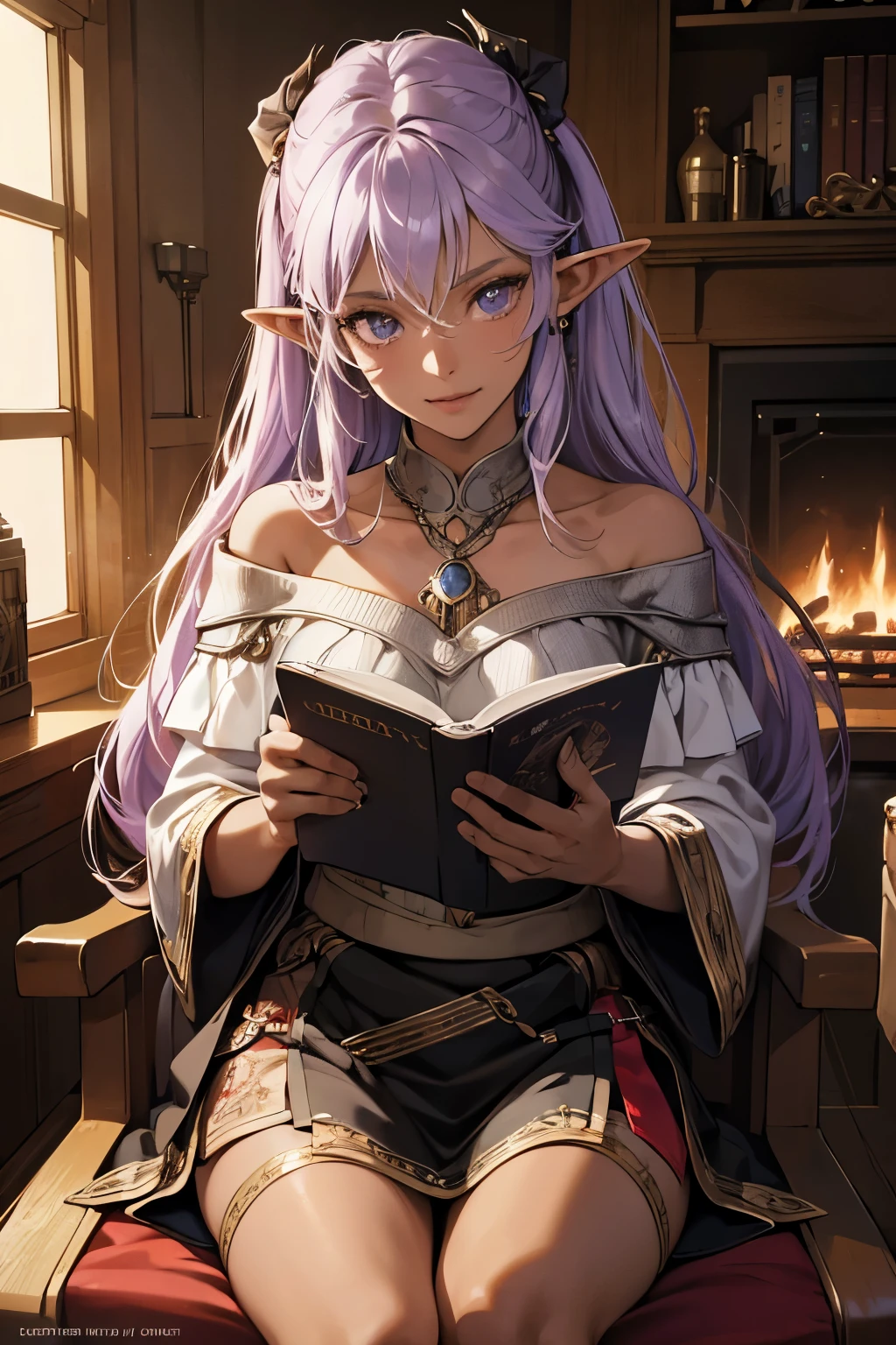 (absurdres, highres, ultra detailed),Masterpiece,intricate details,Best quality,8k,Realistic face,Realistic skin texture,magnified textures, stunning clarity, anime girl,kind girl,ultra detailed eyes and faces,(elf ears),(dark skin:1.5),light purple hair,long hair,smile,22 years old,off-the-shoulder top,mini skirt,reading a book,(look at viewer),tsurime,(fireplace),cozy mood,(medieval fantasy),Rockin' Chair,Bookshelf,cinematic lighting,(night:1.2),faint light,darkness,monolid eyes,(from front)