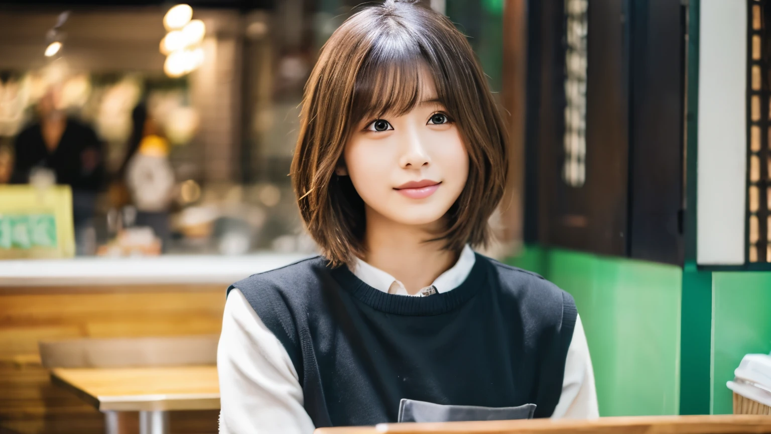 super high quality, Short Hair, Slender, Gravure photoshoot, The staff is working at the counter in the back., (8k、RAW Photos、highest quality、masterpiece:1.2), Japanese Idol, Shaggy, Sportswear, Stylish café, (Realistic、Photorealistic:1.37), Mesh Hair, Normal chest, Urban Cafe, Golden Ratio, Raw photo, Cute face , Light Brown Hair, Bright cafe interior, Blurred Background, Spring Clothes, A sweet expression, Watching the audience, Beautiful hairstyle, 20-year-old, Hair blowing in the wind, Neat clothes, 

