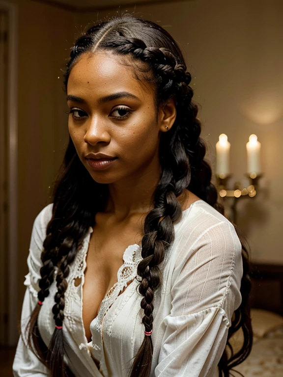 A refined description of the scene you described:
A black woman with hair braided in an intricate and elegant style is depicted in a stunning scene. Your braided hair displays a variety of patterns and textures, demonstrating skill and art in creating the hairstyle.
The woman is portrayed with a confident and proud posture, destacando sua beleza e autenticidade. Your facial features are distinct and expressive, reflecting your individuality and inner strength.
The scene is softly lit, highlighting the details of the braided hair and the beauty of the woman. Your presence is captivating, conveying a sense of grace and determination.
This depiction of a black woman with braided hair is a celebration of black culture and beauty., capturing the elegance and pride of a traditionally significant hairstyle.