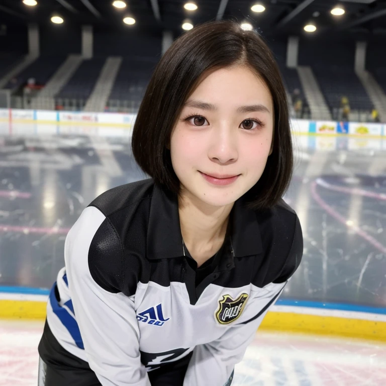 (kawaii 24year-old Japanese girl, Nogizaka idol, Korean idol), female ice hockey player, (glossy black hair, very short hair:1.3), (rounded face, black eyes, single eyelid, no makeup, soft smiling:1.2), (wearing long sleeved ice hockey jersey:1.5), ice hockey gloves, ice hockey helmet, (flat chest, extra small breasts:0.8), (looking at viewer:1.2), BREAK, (skating at ice skate arena, active atmosphere:1.3), (view from forward, bust shot, face focus:1.3), BREAK, (masterpiece, best quality, photo realistic, official art:1.4), (UHD, 8K quality wallpaper, high resolution, raw photo, golden ratio:1.3), (shiny skin), professional lighting, physically based rendering, award winning, (perfect anatomy, highly detailed skin, extremely detailed face and eyes:1.2), Carl Zeiss 300mm F/2.8, depth of field, 1girl, solo, nhl player, national hockey league player,