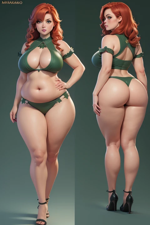 (Detailed), (masterpiece), (beautiful), (highres:4k), Female original character reference sheet adoptable, redhead, green eyes, curvy figure, fat ass, big belly, stomach pudge, moan