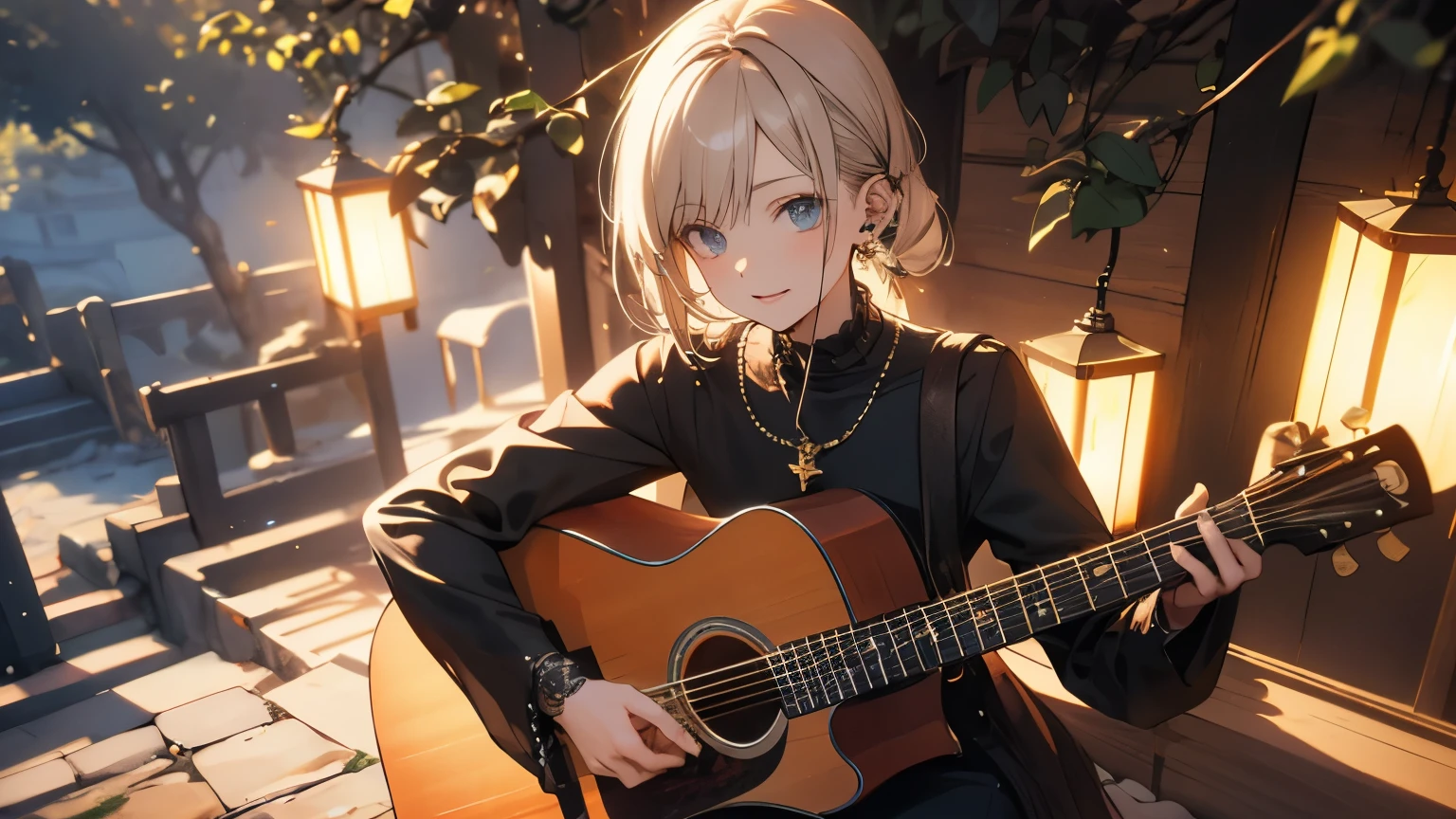 {{masterpiece, highest quality, Highly detailed CG, 8k wallpaper, 3D, Cinema Lighting}}、Fantasy、middle ages、Daytime、Natural light、village in the forest、One woman、Calm expression、Beautifully detailed eyes、Acoustic guitar、Singing with Acoustic Guitar、Outdoor、Village square