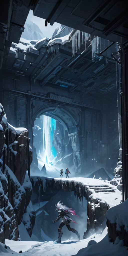 Cyberpunk, mechanical, broken, there is a picture of a very large iceberg, cyberpunk, mechanical, broken, with a lot of snow, dungeon background, icicle background, arena background, game background, dark dark cave background,a female warrior running,((smile:1))