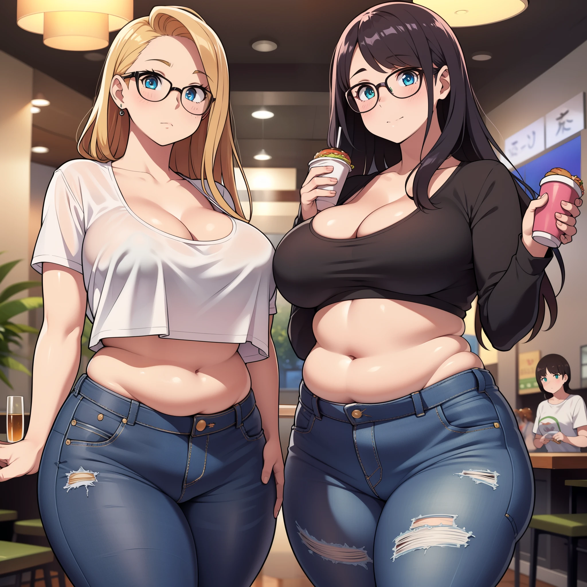 ((highres)), Masterpiece, high quality, best quality, beautiful, perfect lighting, detailed face, ultra cute face, ((2girls)), blush, one girl has blonde hair, blue eyes, crop top and shorts, one girl has brown hair, green eyes, jeans, white shirt, fast food restaurant, cleavage, medium breasts, ((wide hips)), (thick thighs), ((chubby)), chubby belly, belly grab, fat folds, standing next to each other,