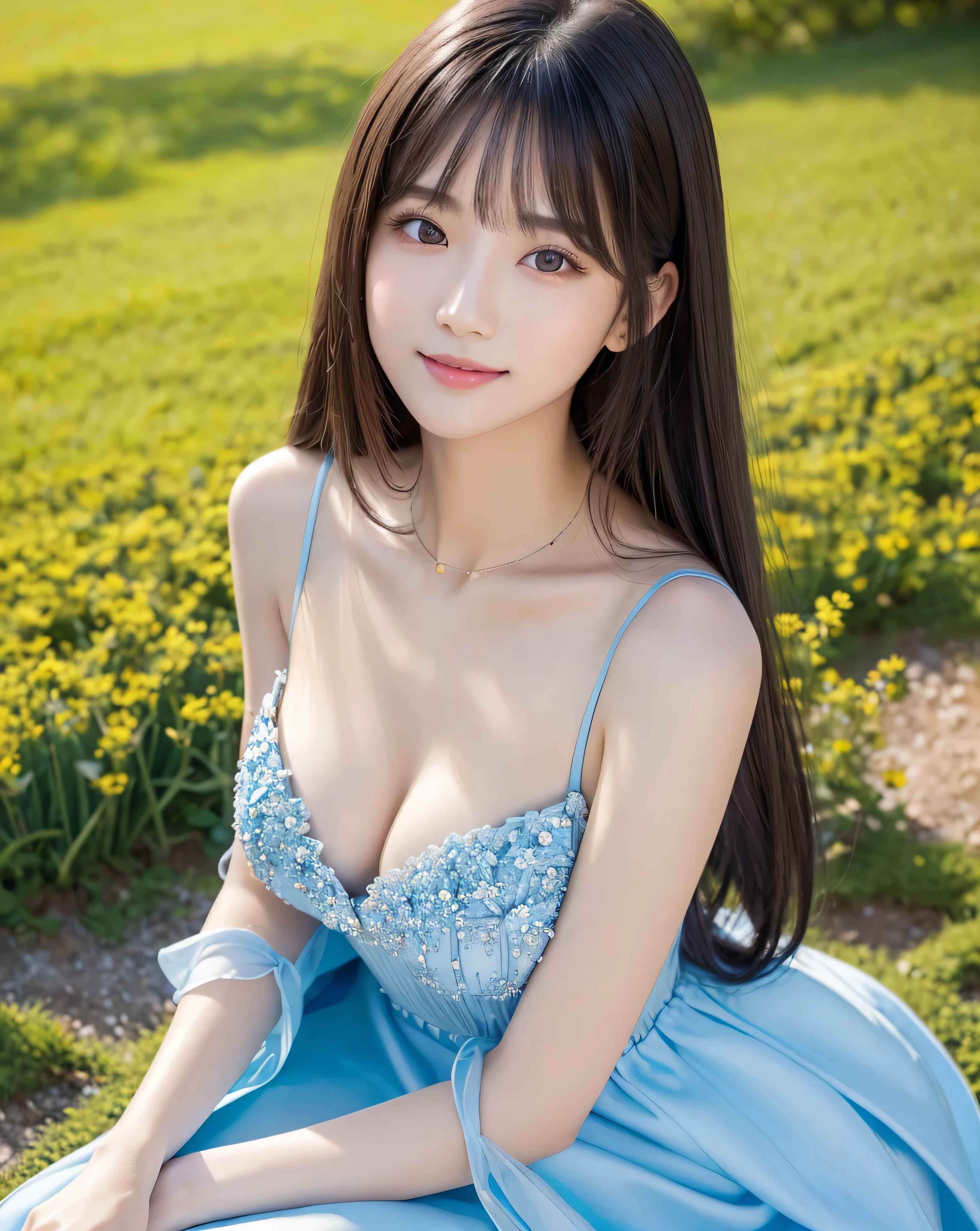 (highest quality, 32k, High resolution, Masterpiece:1.5), Beautiful Japanese Girl, An exceptionally beautiful face, Full body shot, Perfect Human Anatomy, Shiny black hair, Beautiful super long straight silk hair, long bangs with asymmetry, Hair between the eyes, Magical big eyes, Beautifully trimmed thin eyebrows, Smooth and soft white skin, Pale pink lips, Natural Makeup, Cheek gloss highlight, Small Face Beauty, The best smile, ((Blue Princess Dress)), Perfect collarbone, Beautiful chest in high resolution, Slender body and big bust, High resolutionの美しい太もも, Beautiful feet, ((On the hill in spring)), Sitting on a green meadow, ((Absolute area)), Dazzling sunlight, blue sky, White cloud, Professional Lighting, Professional Photographer, Professional models